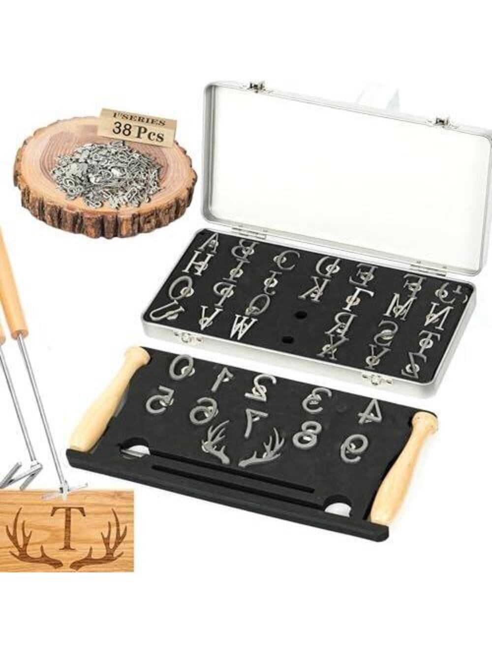 1" 38 Pcs Branding Iron Kit A-Z Alphabet 0-9 Numbers Antlers for Wood Leather